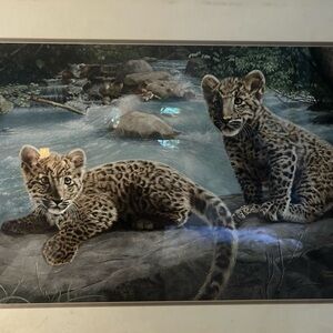 Large framed leopard print canvas wall art signed by Charles Fracé